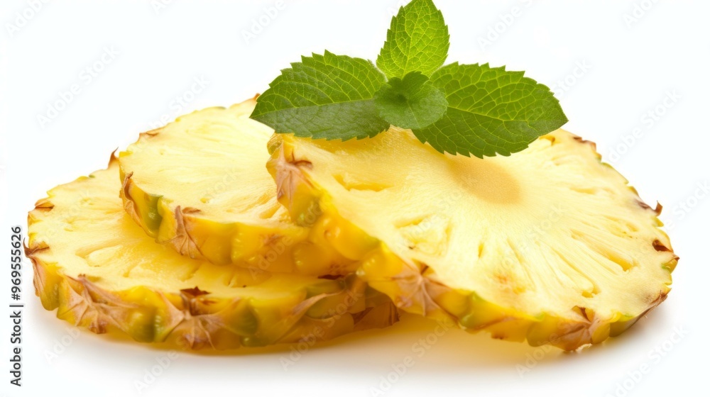 Fresh Pineapple Slices with Mint Leaves - Tropical Fruit Delight Fresh Pineapple Slices with Mint Leaves - Tropical Fruit Delight