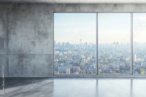 Empty room with a city view. Perfect for showcasing urban landscapes, modern architecture, and real estate projects.