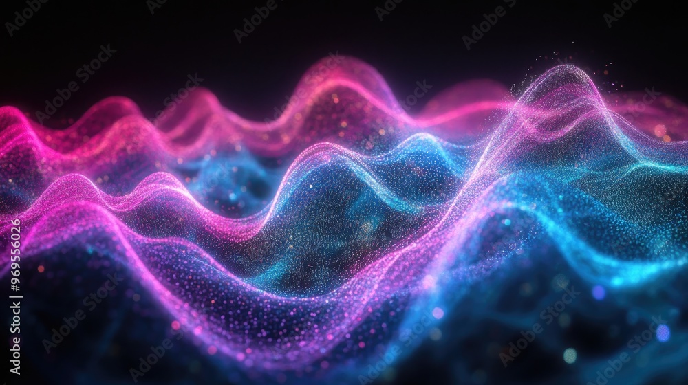 Abstract waves of light in pink and blue, creating a digital, ethereal atmosphere. Abstract waves of light in pink and blue, creating a digital, ethereal atmosphere.