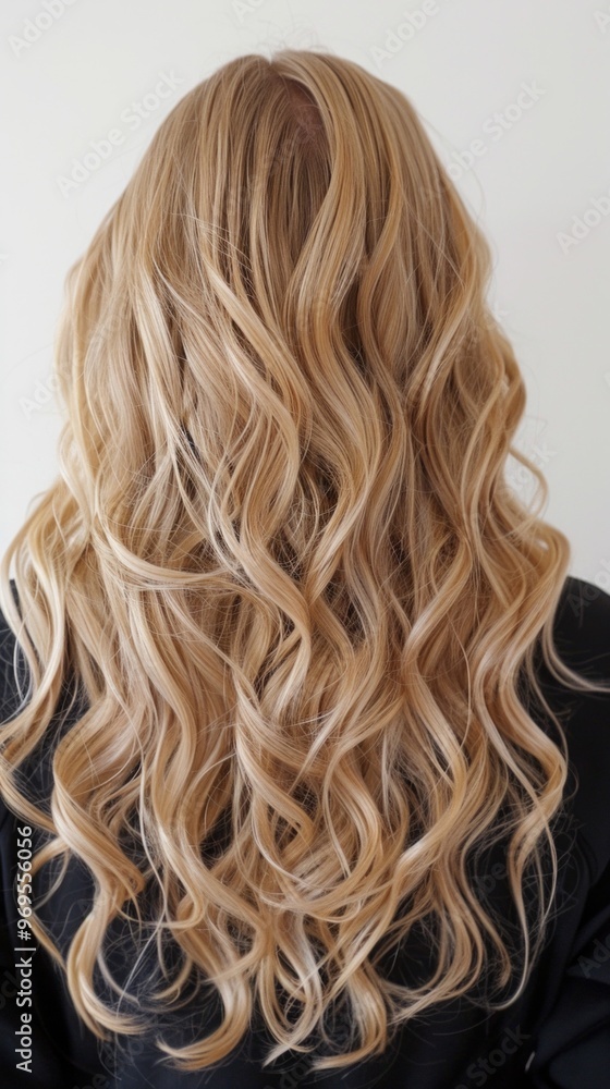 A portrait of a woman with long, curly blonde hair cascading down her back, creating an elegant and graceful appearance. Her face remains hidden, shifting focus solely on her hair. A portrait of a woman with long, curly blonde hair cascading down her back, creating an elegant and graceful appearance. Her face remains hidden, shifting focus solely on her hair.
