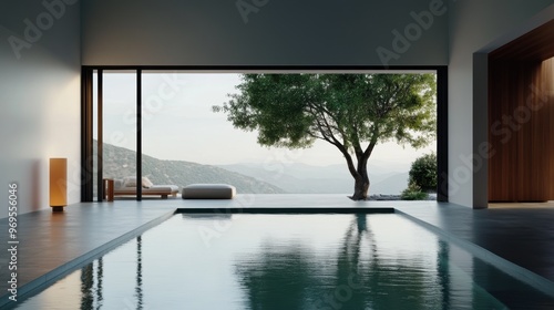 A modern indoor space featuring a tranquil pool and stunning mountain view, perfect for relaxation and rejuvenation.