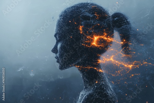 Diffusiontensor neuromorphic neuroplasticity and hippocampus silhouette of a woman with fiery neural energy representing intensity and mental power photo