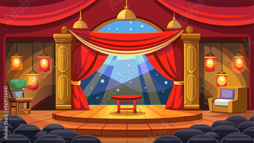 Parallax background for game, 2d cartoon theater stage with red curtains and spotlights. Theatre interior with empty wooden scene separated layers for slidescroll animation effect, Vector illustration photo