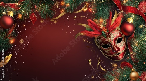 Festive masquerade mask surrounded by Christmas decorations on a red textured background photo