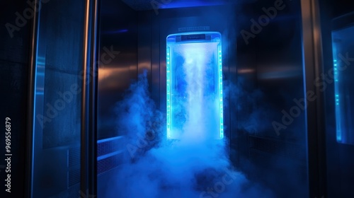This high-tech cryotherapy chamber features glowing blue lights and a haze of mist, creating a serene atmosphere for recovery and wellness
