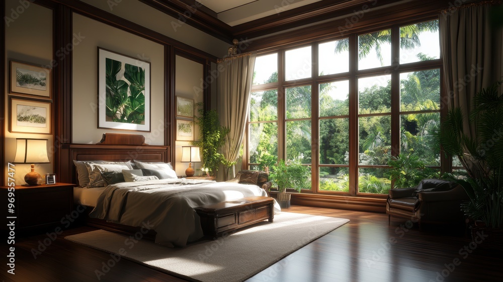 Fototapeta premium A serene bedroom with large windows, warm lighting, lush greenery outside, and a cozy, inviting atmosphere.