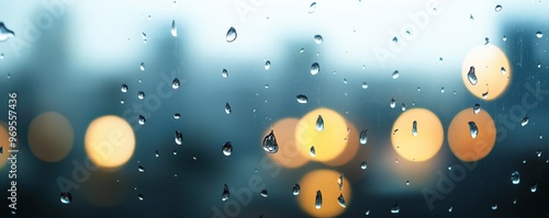 A close-up view of raindrops on a window, creating a blurred background with warm glowing bokeh lights from the city.