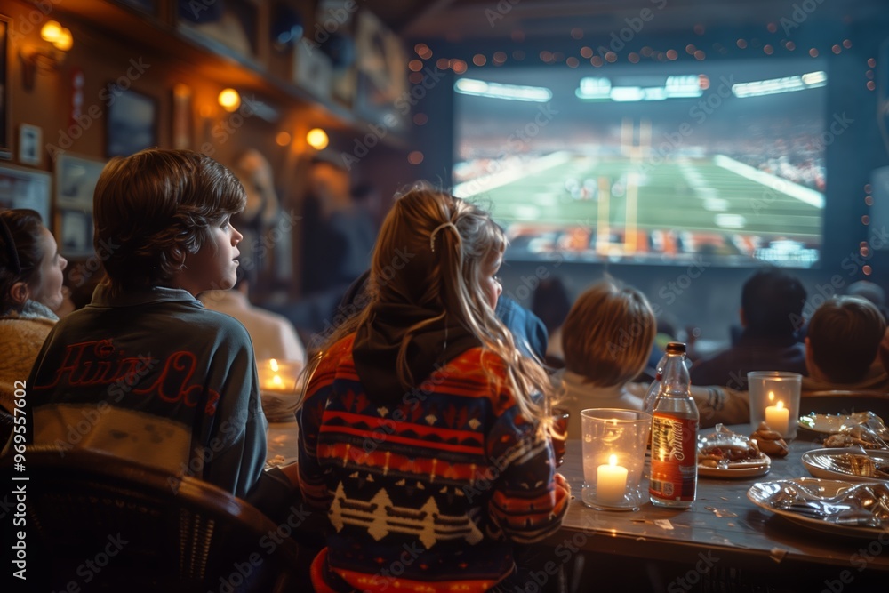 Fototapeta premium Children and adults enjoy a cozy gathering while watching a football game on a large screen in a warmly lit social venue during the evening