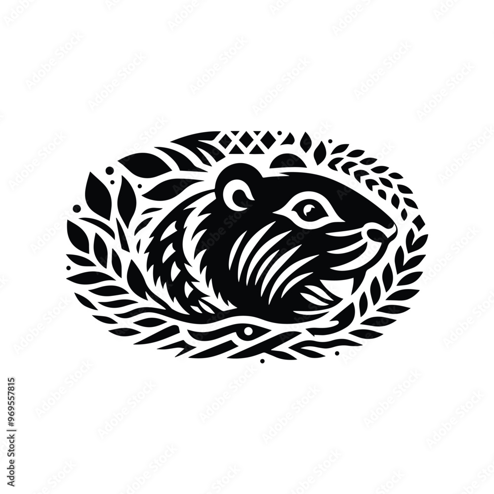 Beaver in folk art black and white silhouette illustration - Beaver in folk art black and white silhouette illustration -