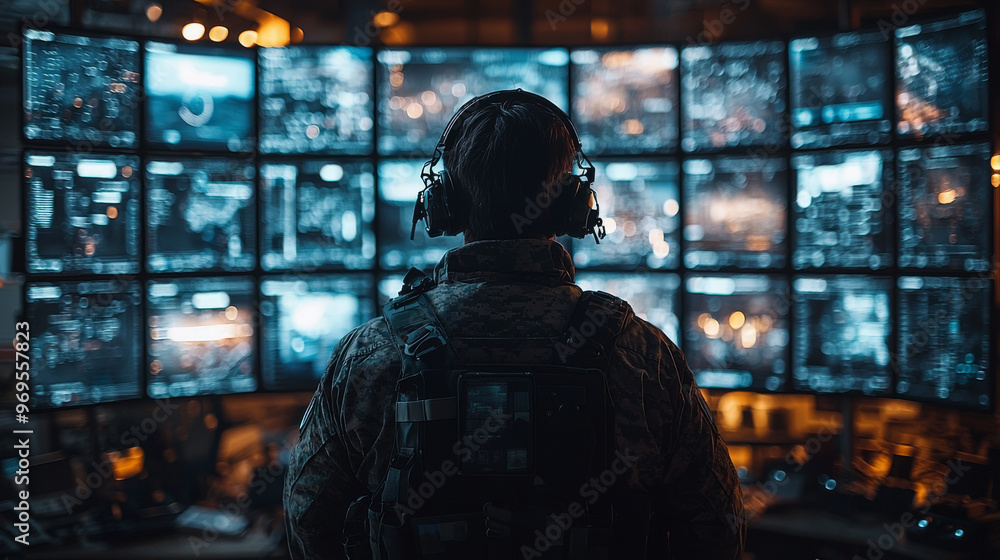 A soldier in a dark room with a wall of screens. A soldier in a dark room with a wall of screens.