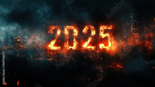 Futuristic Concept of 2025 in Blurred Smog with Copy Space for Text - Abstract Environmental Forecasting