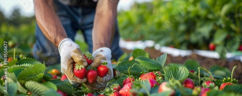 Farmer picking fresh strawberries in the field. Close-up of hands harvesting ripe, red strawberries during the peak season. photo