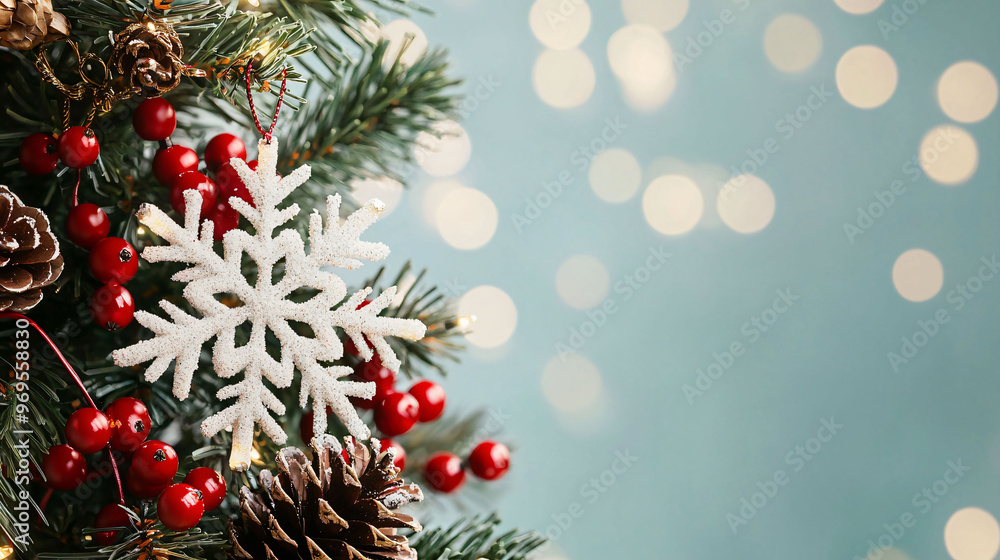 A beautifully decorated Christmas tree close up featuring red berries, pinecones, and sparkling snowflake ornament. soft bokeh background adds festive touch to scene A beautifully decorated Christmas tree close up featuring red berries, pinecones, and sparkling snowflake ornament. soft bokeh background adds festive touch to scene