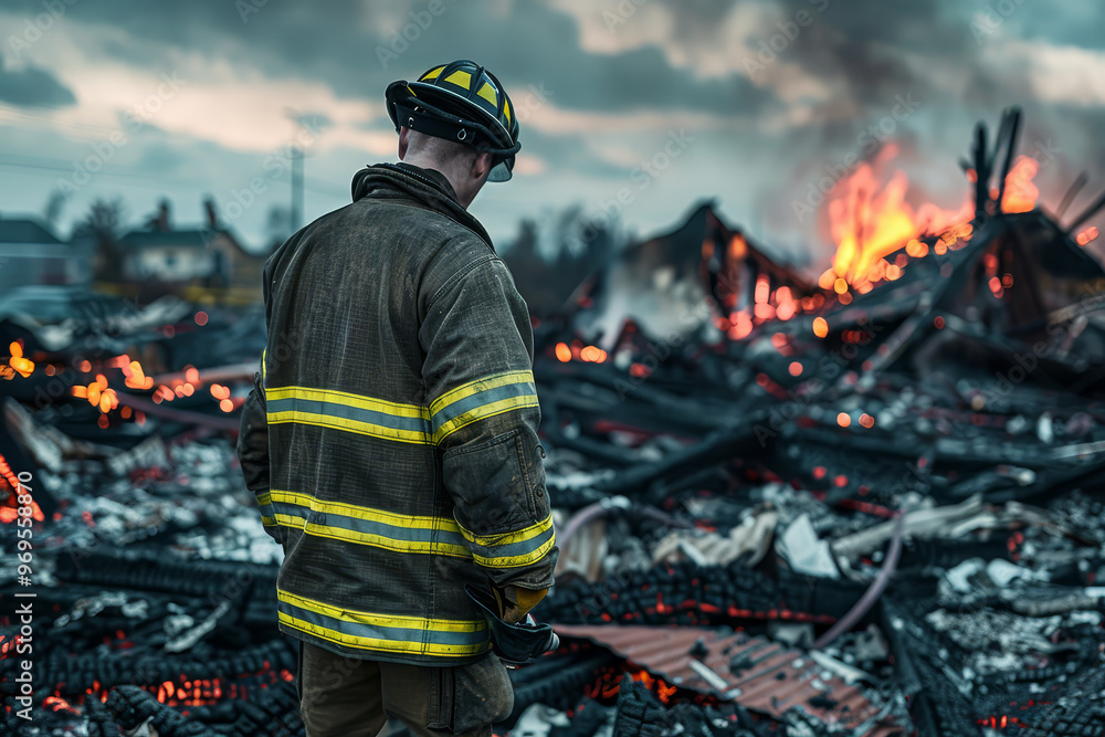 Firefighter examines smoldering debris of a building fire disaster site, with flames and smoke in the background under a cloudy sky. Firefighter examines smoldering debris of a building fire disaster site, with flames and smoke in the background under a cloudy sky.