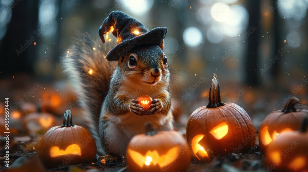 Naklejka premium A whimsical squirrel wearing a witch hat, surrounded by glowing pumpkins, perfect for Halloween-themed visuals.