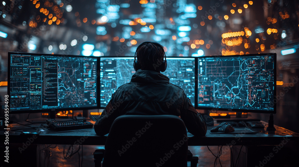 A person sits in front of three monitors, a keyboard, and a mouse, looking intently at the glowing screen. A person sits in front of three monitors, a keyboard, and a mouse, looking intently at the glowing screen.
