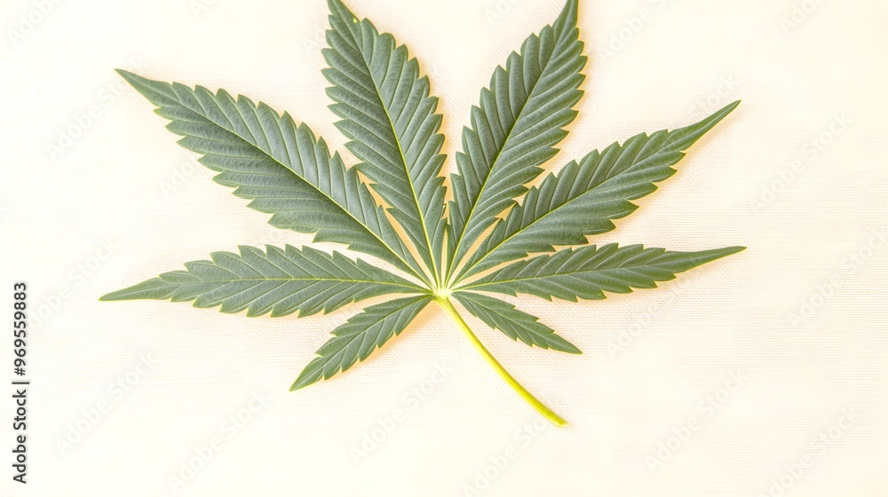 Fototapeta premium A single cannabis leaf, with intricate details and vibrant green color, isolated on a white background. 