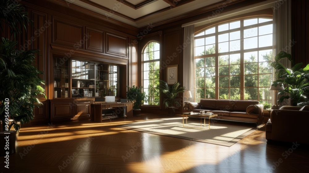 Bright and spacious modern living room with large windows, elegant furniture, and lush plants, creating a warm and inviting atmosphere. Bright and spacious modern living room with large windows, elegant furniture, and lush plants, creating a warm and inviting atmosphere.