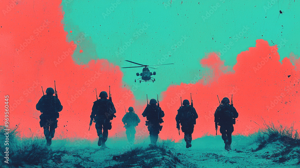 Obraz premium Silhouettes of soldiers running towards a helicopter in a red and blue sky.