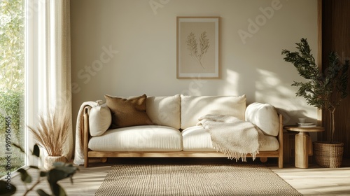 Cozy and modern living room showcasing a stylish sofa with greenery, natural light, and minimalist decor.