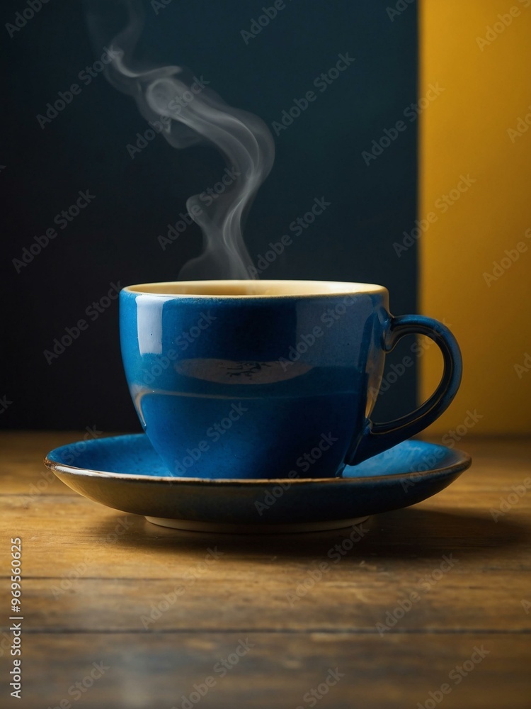 Blue coffee cup on a yellow background with space for text. Blue coffee cup on a yellow background with space for text.