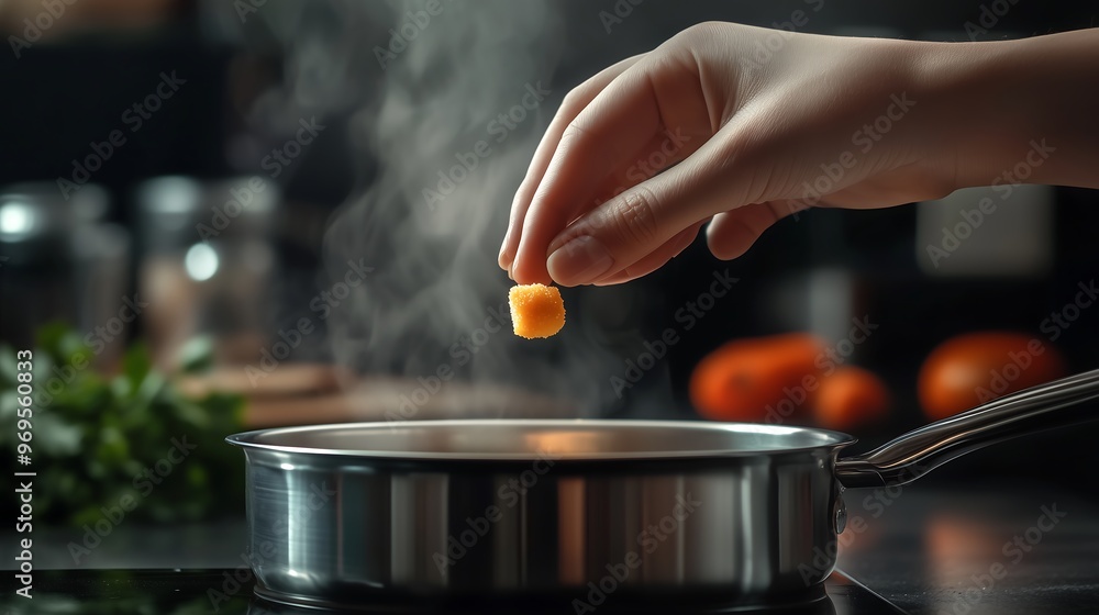 Hand Adding Cheese to Steaming Pot in Modern Kitchen Hand Adding Cheese to Steaming Pot in Modern Kitchen