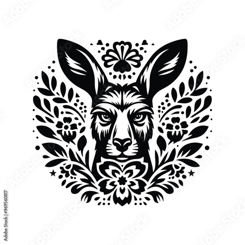 Kangaroo in folk art black and white silhouette illustration -