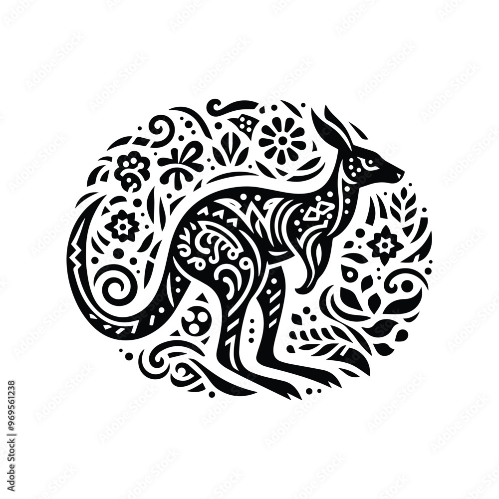 Kangaroo in folk art black and white silhouette illustration - Kangaroo in folk art black and white silhouette illustration -