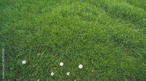 Top view bright green grass field and flower