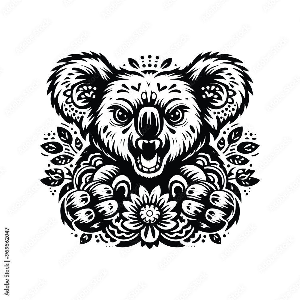 Obraz premium Koala in folk art black and white silhouette illustration -