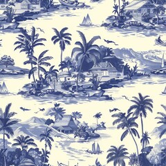 Papier peint photo Paysage patrons Toile de Jouy île tropicale bleue  © Thanaphon