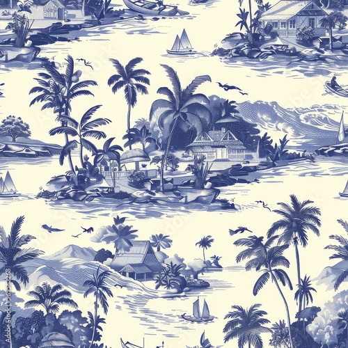 Seamless vintage tropical island pattern with palm trees, houses, and boats in classic blue and white color scheme.
