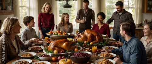 A Thanksgiving Feast to Remember: Generations gather around a bountiful table, sharing laughter, stories, and the warmth of family tradition. 