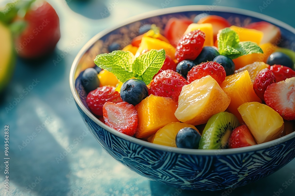 A vibrant bowl of fresh mixed fruit, featuring strawberries, blueberries, and mango, garnished with mint leaves. A vibrant bowl of fresh mixed fruit, featuring strawberries, blueberries, and mango, garnished with mint leaves.