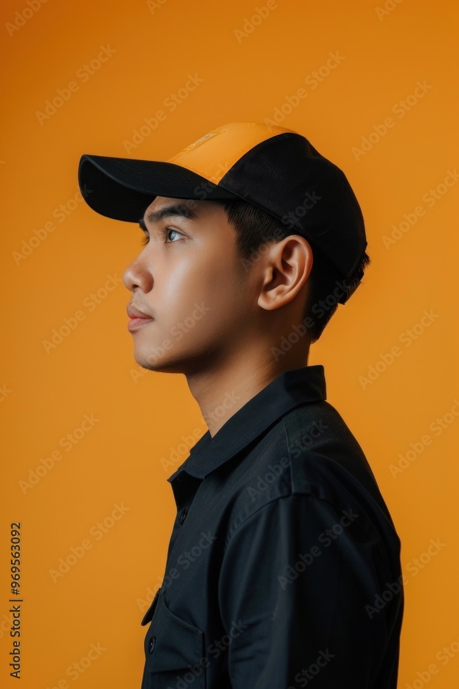Asian delivery man side portrait photo photography clothing. Asian delivery man side portrait photo photography clothing.