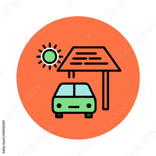 Eco-friendly solar carport illustration with a green car and sun
