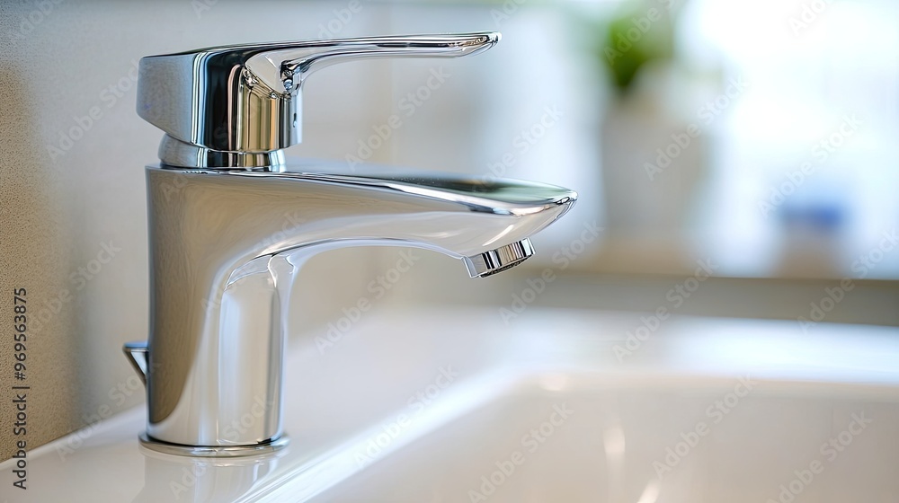 Closeup of a chrome faucet. Ideal for illustrating water, cleanliness, or bathroom design. Closeup of a chrome faucet. Ideal for illustrating water, cleanliness, or bathroom design.
