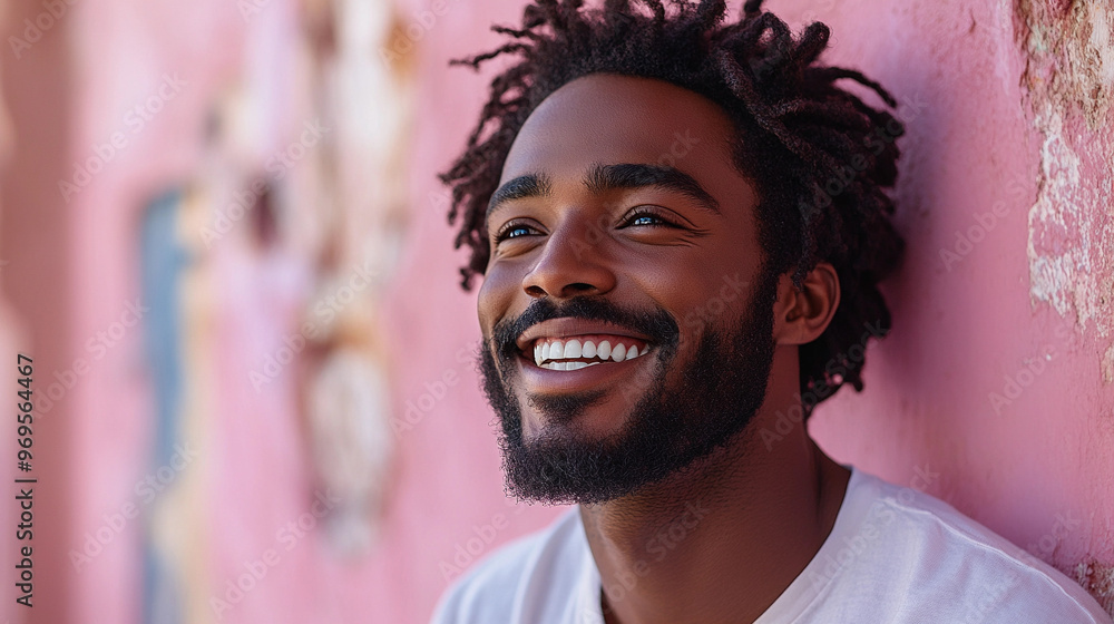 black man is laughing brightly, pink background, wearing white shirt black man is laughing brightly, pink background, wearing white shirt