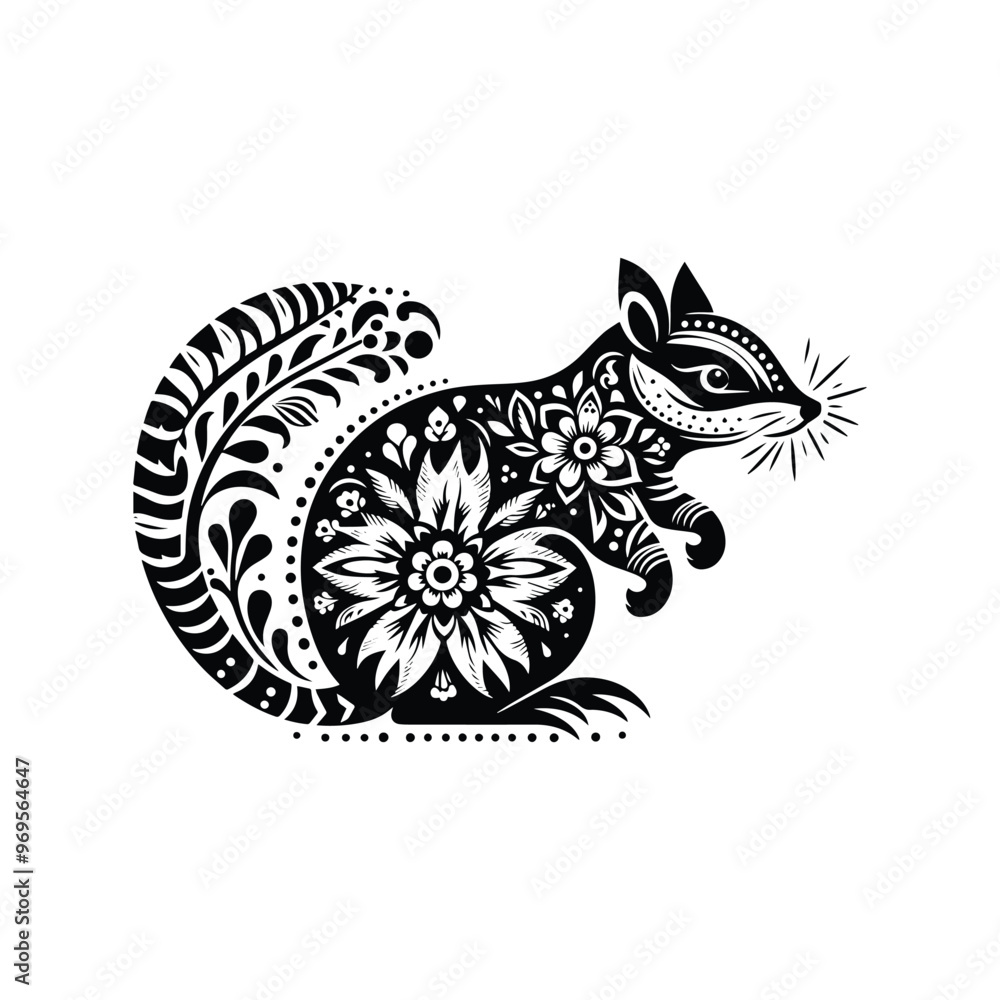 Obraz premium Numbat in folk art black and white silhouette illustration -