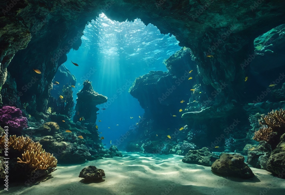Fototapeta premium Underwater cave in fantasy underwater world. Ai generated image