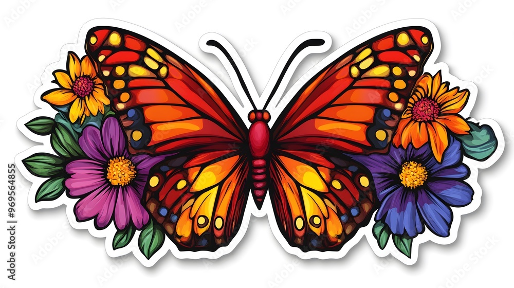 Obraz premium A beautiful, colorful butterfly with flowers in the background, in a sticker-style design, on a white solid background