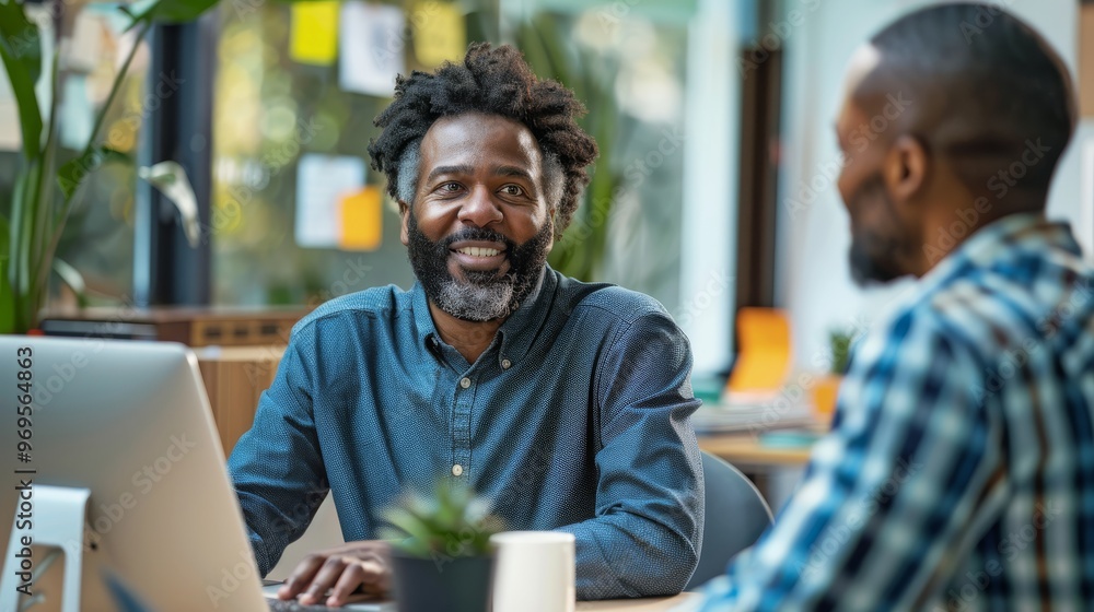 Two professionals having a positive discussion at a modern office desk, engaging in a productive conversation with a computer and coffee mug. Two professionals having a positive discussion at a modern office desk, engaging in a productive conversation with a computer and coffee mug.
