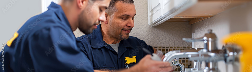 Two professional plumbers in uniform working on a kitchen sink installation or repair, focusing on tools and pipes. Two professional plumbers in uniform working on a kitchen sink installation or repair, focusing on tools and pipes.