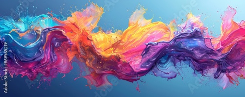 Vibrant abstract art with colorful swirls and splashes on a blue background, capturing energy and creativity through fluid motion and dynamic hues.