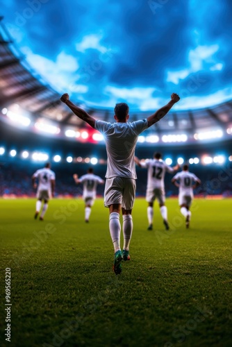 A triumphant soccer player celebrates on the field under dramatic skies, symbolizing victory and teamwork in sports.