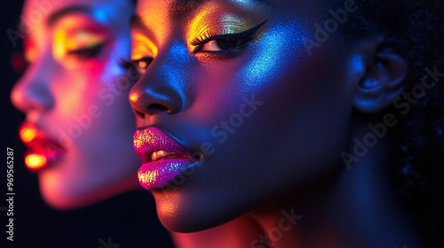 diverse set of models different ethnicities and genders bold neon makeup, glowing ultraviolet light