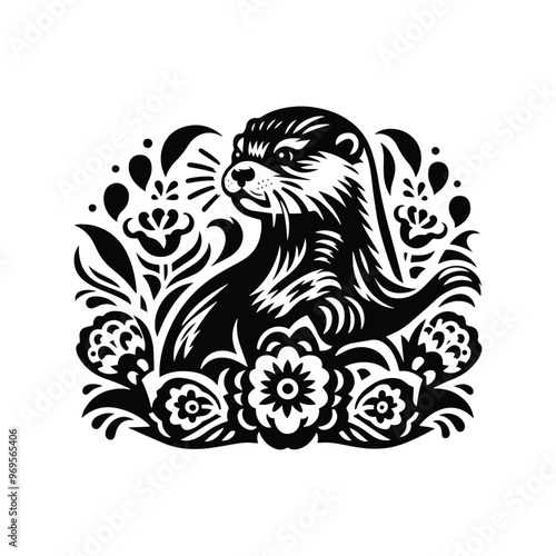 otter in folk art black and white silhouette illustration -