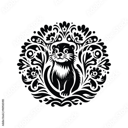 Wallpaper Mural otter in folk art black and white silhouette illustration - Torontodigital.ca