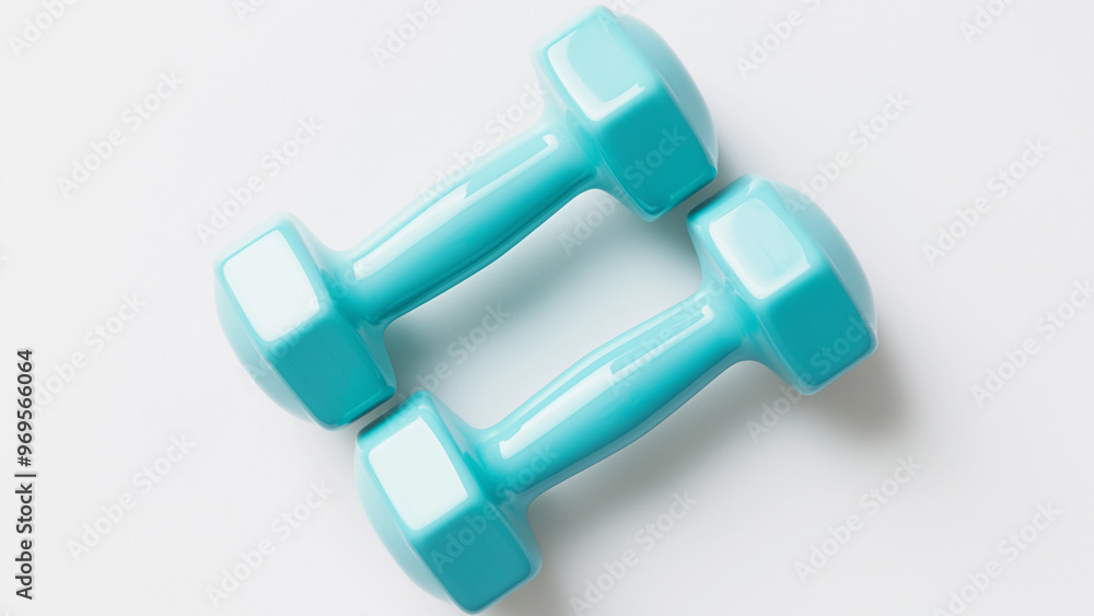 Pair of light blue dumbbells on white background, fitness and workout equipment Pair of light blue dumbbells on white background, fitness and workout equipment