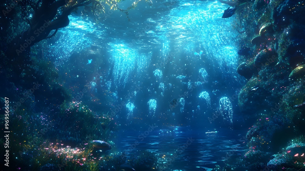 Obraz premium A magical under-the-sea world with bioluminescent plants, mysterious sea creatures, and glowing blue waters